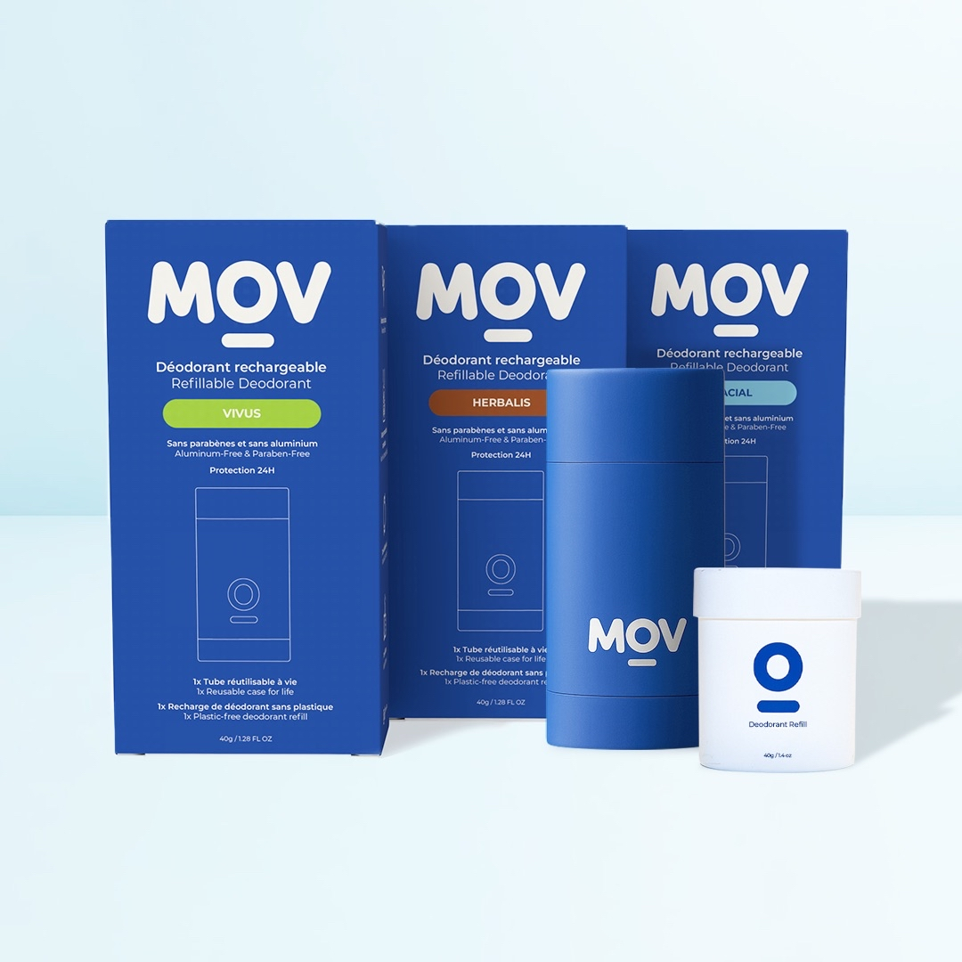MovLabs reusable deodorant packaging on a light blue background