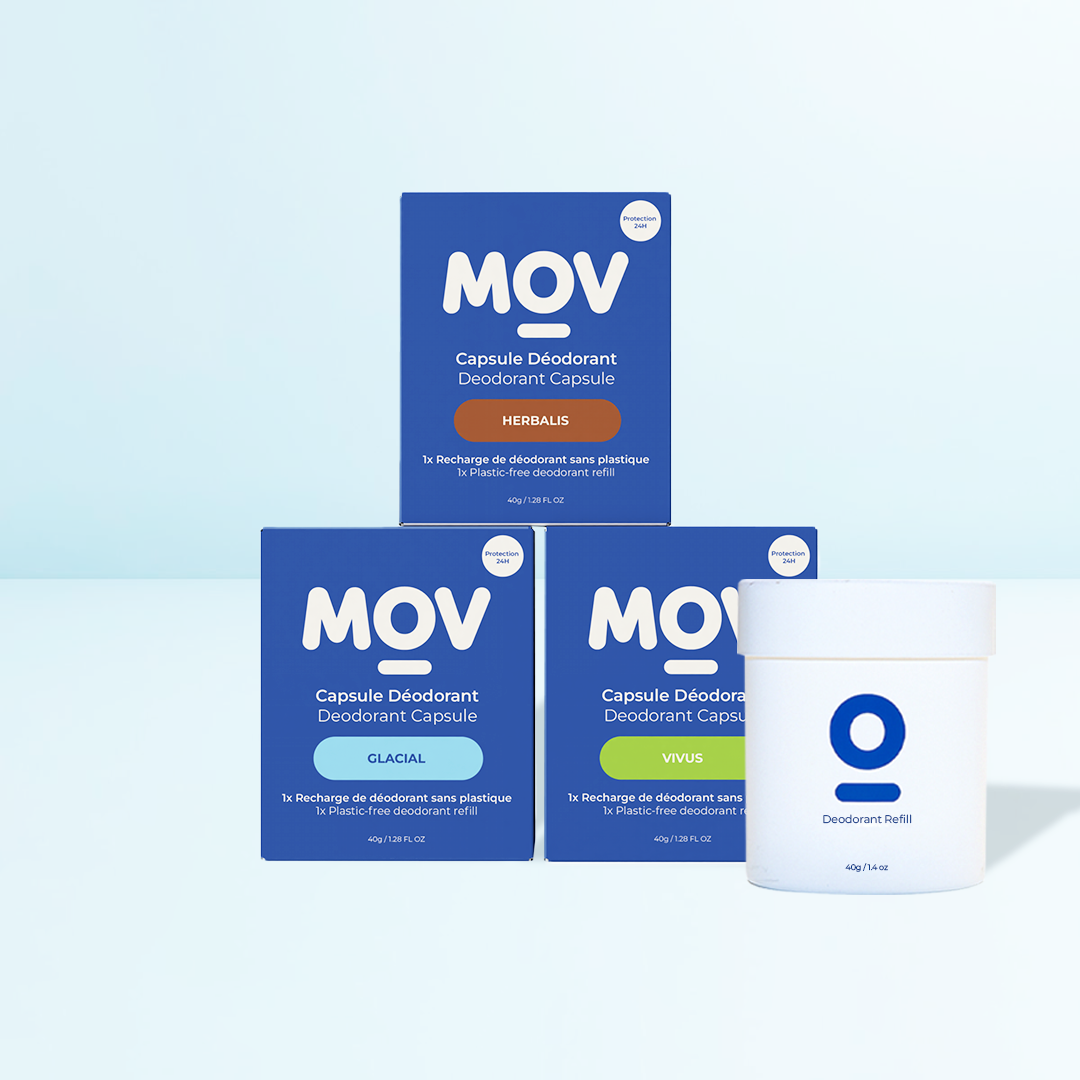 MovLabs natural deodorant compostable refills stacked by scent