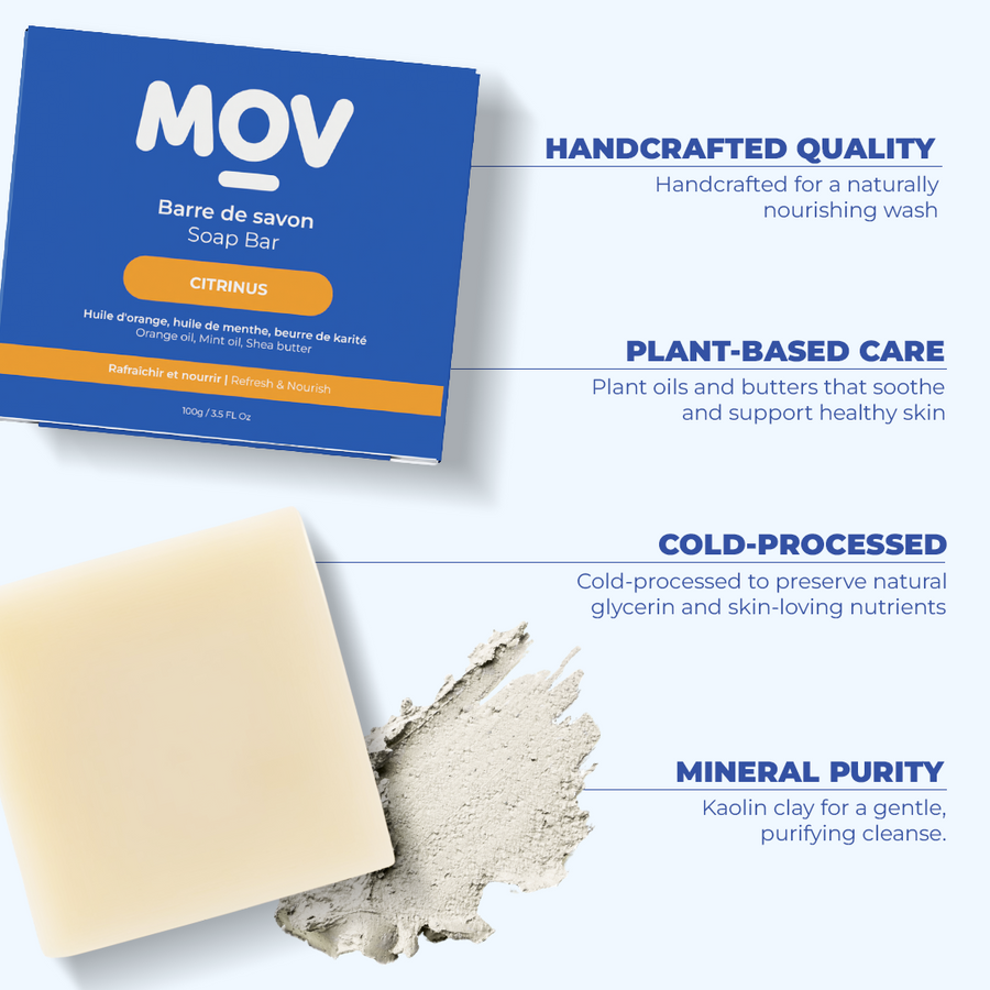 Benefits of using MovLabs Natural soap bars with a soap bar and box on a light blue background
